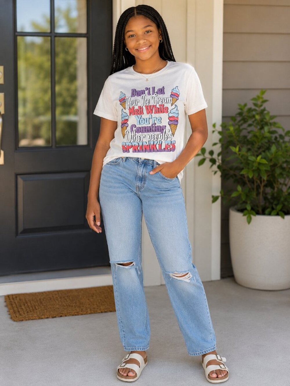 Gildan White Short Sleeve Tee with Colorful Ice Cream Graphic
